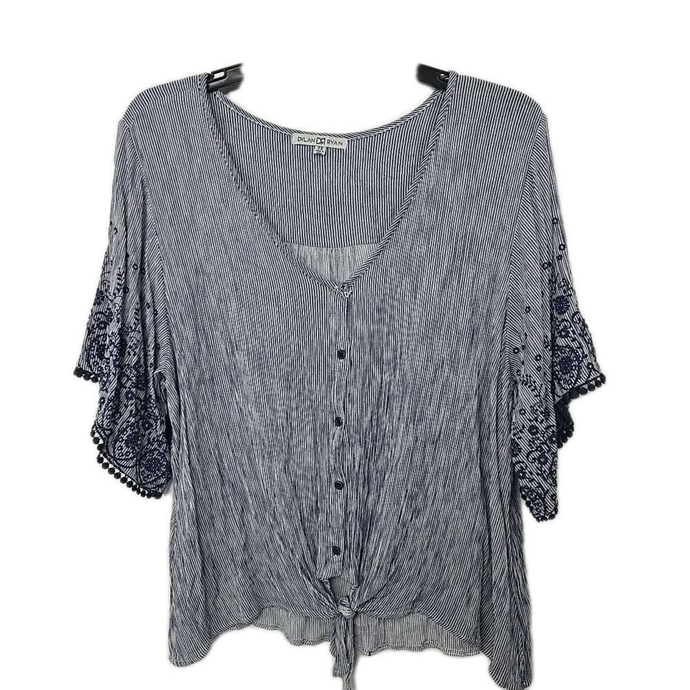 Dylan Ryan DR‎ Blue Stripe Short Sleeve Button-Tie-Front Gauzy Blouse  Size 2X